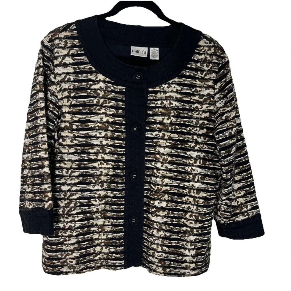 Chico's 100% Cotton Abstract Animal Print Quilted‎ Jacket Large Size 2